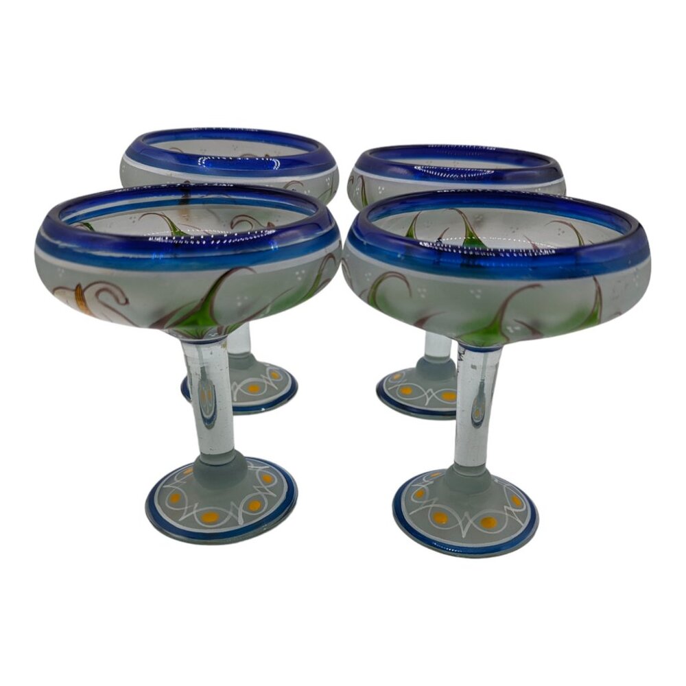 Set of 4 Hand Painted Mexican Blue Rim Margarita Glass White Calla Lilies Lily - Picture 1 of 16